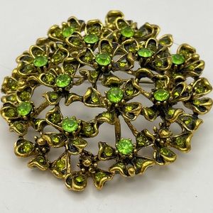 Large vintage green rhinestone brooch/ pin, shamrock, Irish, bronze tone MCM